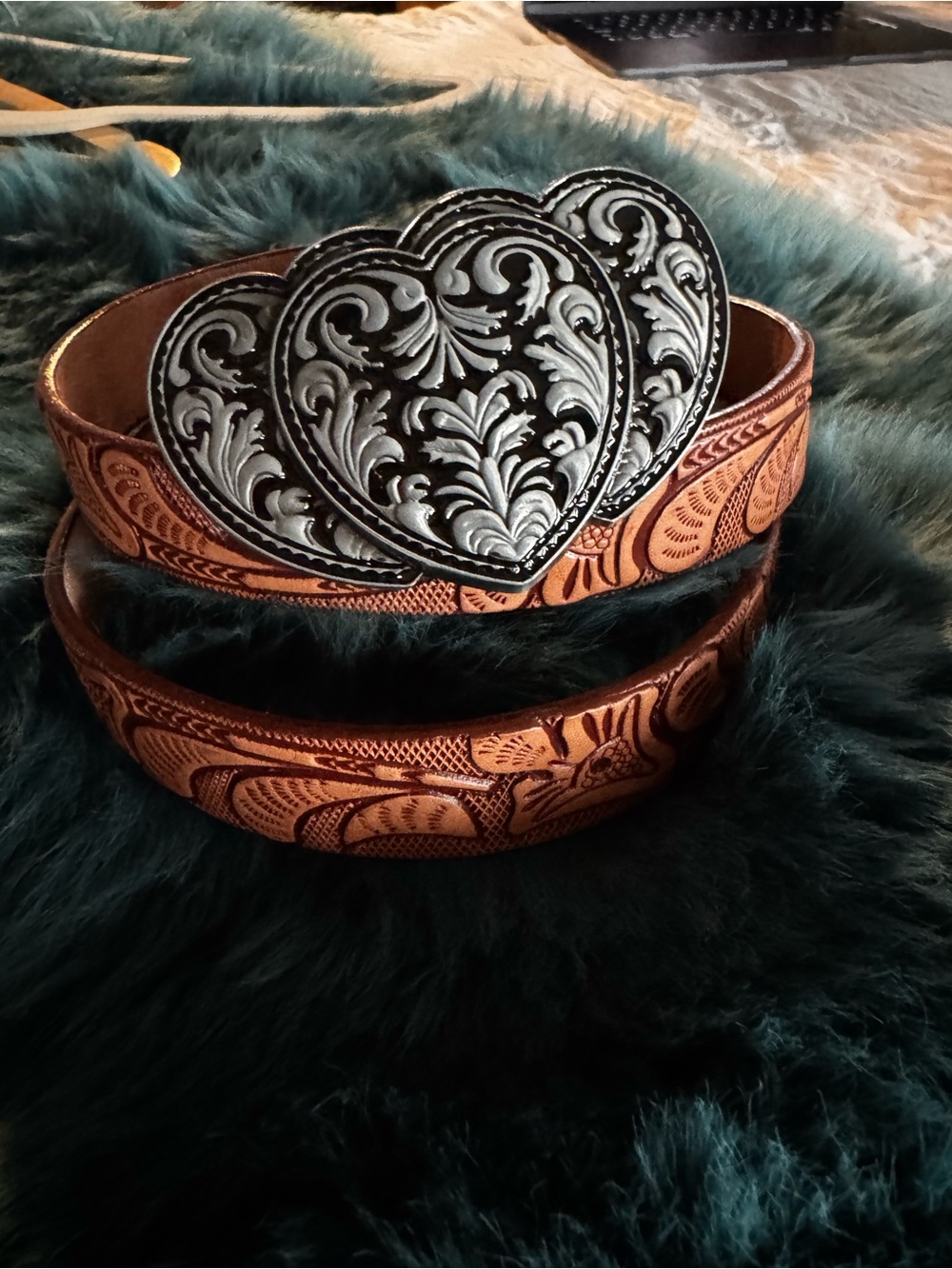 Women's Tooled Leather Western Belt with Ornate Heart Buckle - Brown & Silver